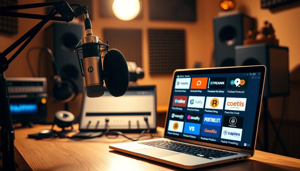 A professional podcast studio setup with a high-quality microphone, headphones, and a laptop displaying various podcast hosting platforms. The scene is well-lit, with warm-toned lighting creating a cozy, focused atmosphere. The background features audio equipment, sound-dampening panels, and minimal decorative elements, emphasizing the functional nature of the space. The composition draws the viewer's attention to the central elements, conveying the process of publishing a podcast across different digital platforms.