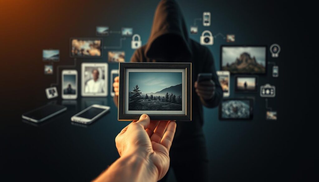 A serene digital artwork depicting the importance of protecting images and content from theft. In the foreground, a hand gently holds a framed photograph, symbolizing the precious nature of creative work. The middle ground showcases various digital devices, smartphones, and tablets, representing the ubiquity of online content. In the background, a shadowy figure attempts to steal the digital content, highlighting the ever-present threat of piracy. The scene is bathed in a warm, golden light, conveying a sense of value and significance. The composition emphasizes the delicate balance between artistic expression and the need for robust protection in the digital age.
