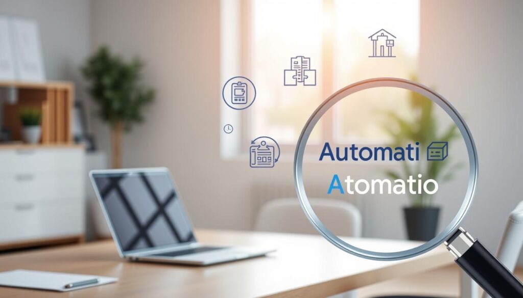 A serene office environment with a minimalist desk, a laptop, and various automation icons floating in the air. The background is softly blurred, with natural light streaming in from a large window, creating a warm and productive atmosphere. The foreground features a magnifying glass highlighting the benefits of automation, such as increased efficiency, cost savings, and time optimization. The image conveys the ease and advantages of automation without the need for complex programming.