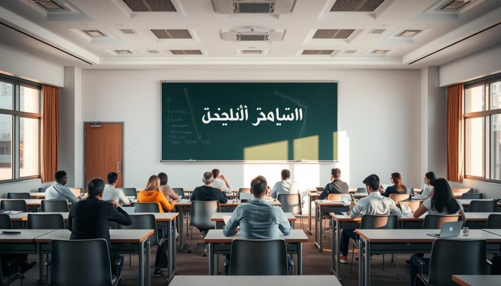 A serene, well-lit classroom setting with a large chalkboard featuring the Arabic text "دورات تحليل البيانات" in the center. The room is filled with modern, minimalist desks and chairs, creating an organized and focused atmosphere. Warm, natural lighting floods the space through large windows, casting a soft glow on the students seated at their workstations, deeply engaged in studying course materials and taking notes. The overall scene conveys a sense of academic rigor, intellectual discourse, and a commitment to data analysis education. A serene, well-lit classroom setting with a large chalkboard featuring the Arabic text "دورات تحليل البيانات" in the center. The room is filled with modern, minimalist desks and chairs, creating an organized and focused atmosphere. Warm, natural lighting floods the space through large windows, casting a soft glow on the students seated at their workstations, deeply engaged in studying course materials and taking notes. The overall scene conveys a sense of academic rigor, intellectual discourse, and a commitment to data analysis education.