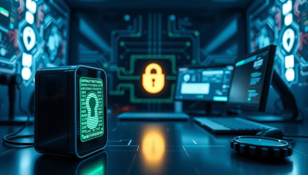 A sleek digital security suite, featuring a diverse array of cutting-edge tools and techniques. In the foreground, a biometric authentication device, its high-tech interface glowing with encrypted data. In the middle ground, a virtual private network (VPN) symbolizes secure internet connectivity, while a password manager stands ready to safeguard sensitive logins. In the background, a blockchain-powered identity management system suggests advanced cryptographic protections. The scene is bathed in a cool, futuristic lighting, conveying a sense of technical sophistication and digital resilience.