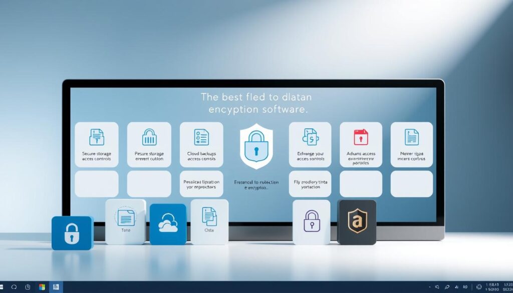 A sleek, modern desktop interface featuring a selection of the best data protection software. In the foreground, an array of file encryption icons, each with a unique design representing different programs. In the middle ground, a central graphic showcasing the key features of these applications - secure storage, cloud backups, and advanced access controls. The background blends a subtle gradient of blues and grays, creating a professional, tech-savvy atmosphere. Soft lighting from above casts gentle shadows, highlighting the clean, minimalist aesthetic. The overall composition conveys a sense of trust, reliability, and comprehensive data security solutions.
