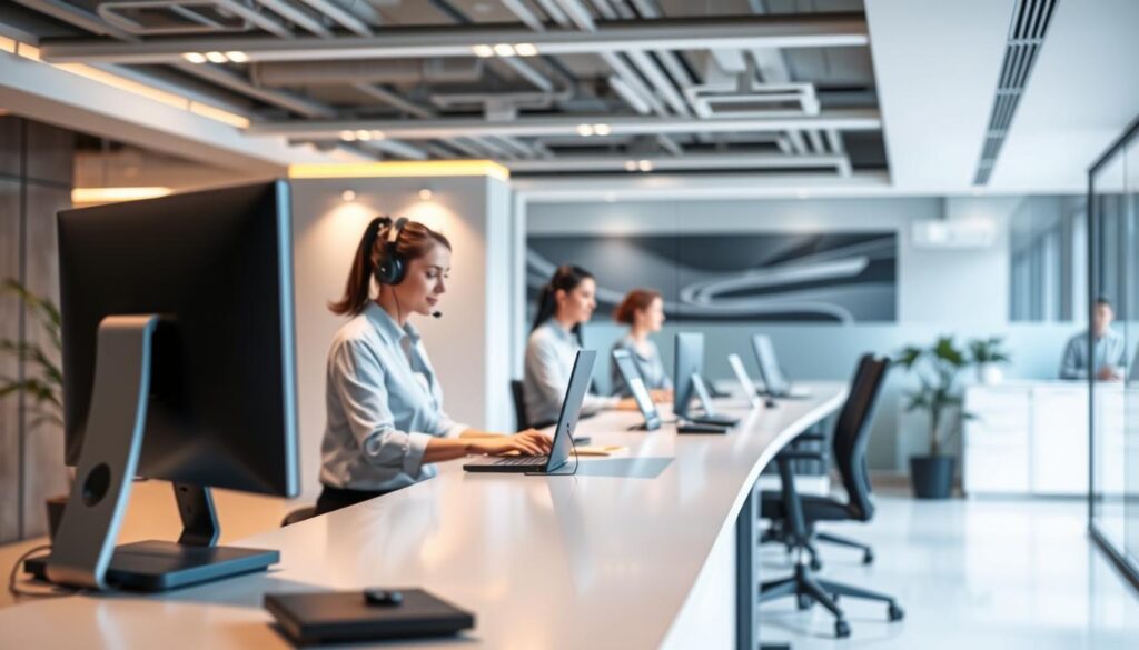 A sleek, modern office environment with a customer service desk in the foreground. The desk is equipped with a computer, headset, and other customer service tools. In the middle ground, a team of customer service agents are diligently assisting clients, with a warm, approachable atmosphere. The background features a minimalist, clean design with accents of the company's brand colors, conveying a sense of efficiency and professionalism. Soft, directional lighting illuminates the scene, creating a welcoming and productive ambiance. The overall image aims to illustrate the benefits of automated customer service, such as improved responsiveness, consistency, and cost-effectiveness.