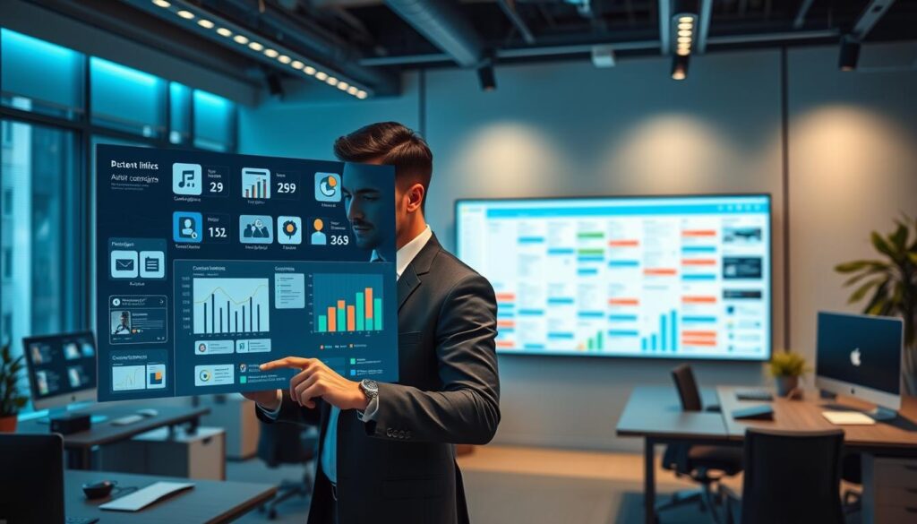 A sleek, modern office setting with an array of digital devices and marketing automation software. In the foreground, a well-dressed professional uses a touchscreen interface, seamlessly coordinating email campaigns, social media posts, and targeted ads. The middle ground features a dynamic data visualization dashboard, displaying real-time performance metrics and insights. In the background, a large monitor showcases a content calendar, artfully blending creative assets and scheduled marketing activities. The scene is bathed in a cool, blue-tinted lighting, conveying the efficiency and precision of data-driven marketing automation. A sleek, modern office setting with an array of digital devices and marketing automation software. In the foreground, a well-dressed professional uses a touchscreen interface, seamlessly coordinating email campaigns, social media posts, and targeted ads. The middle ground features a dynamic data visualization dashboard, displaying real-time performance metrics and insights. In the background, a large monitor showcases a content calendar, artfully blending creative assets and scheduled marketing activities. The scene is bathed in a cool, blue-tinted lighting, conveying the efficiency and precision of data-driven marketing automation.