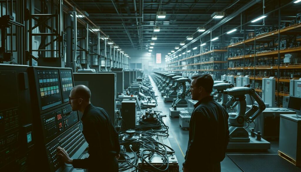 A vast factory floor filled with an array of advanced machines and robotic systems, their sleek metallic forms casting long shadows in the dim, moody lighting. In the foreground, a team of engineers scrutinize a complex control panel, brows furrowed as they grapple with the challenges of automation. The middle ground reveals an intricate tangle of cables, sensors, and algorithms, symbolizing the intricacies of integrating these technologies. In the background, towering racks of inventory and storage units loom, hinting at the scale and complexity of the automation process. The atmosphere is one of cautious optimism, as the engineers work to harness the power of these systems while navigating the obstacles that threaten to impede their progress.