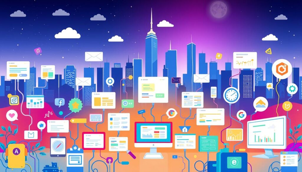 A vibrant and dynamic illustration showcasing the diverse types of automation without code. In the foreground, an array of automated tasks and workflows come to life, from data processing and email management to social media scheduling and finance tracking. The middle ground features a variety of intuitive, user-friendly interfaces and drag-and-drop tools, highlighting the accessibility and ease of use. In the background, a sleek and futuristic cityscape sets the scene, conveying the modern, technology-driven nature of these no-code automation solutions. The image radiates a sense of efficiency, productivity, and the empowerment of non-technical users, perfectly capturing the essence of the "أنواع الأتمتة بدون تعليمات برمجية" section.