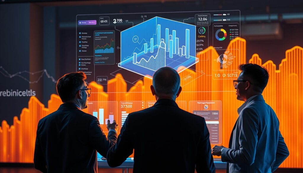 A vibrant and dynamic scene showcasing the benefits of sales automation. In the foreground, a team of sales professionals are seamlessly interacting with a sleek, futuristic sales dashboard, effortlessly tracking key metrics and insights. In the middle ground, a 3D holographic visualization depicts customer data and buying patterns, providing real-time intelligence to guide sales strategies. The background is bathed in a warm, golden glow, symbolizing the increased efficiency, productivity, and profitability that sales automation can bring to an organization. The overall composition conveys a sense of harmony, innovation, and the transformative power of technological integration in the sales process.