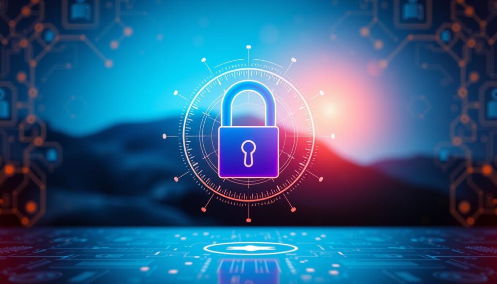 A vibrant and secure digital landscape, showcasing the importance of personal information protection. In the foreground, a padlock icon symbolizes the safeguarding of sensitive data, surrounded by a halo of encrypted lines and geometric shapes. The middle ground features a serene blue gradient, conveying a sense of privacy and control. In the background, a subtle pattern of interlocking gears and circuits suggests the underlying technological infrastructure that powers modern data security. The overall composition is lit by a warm, diffused lighting, creating a visually striking and compelling image that captures the essence of personal information protection.