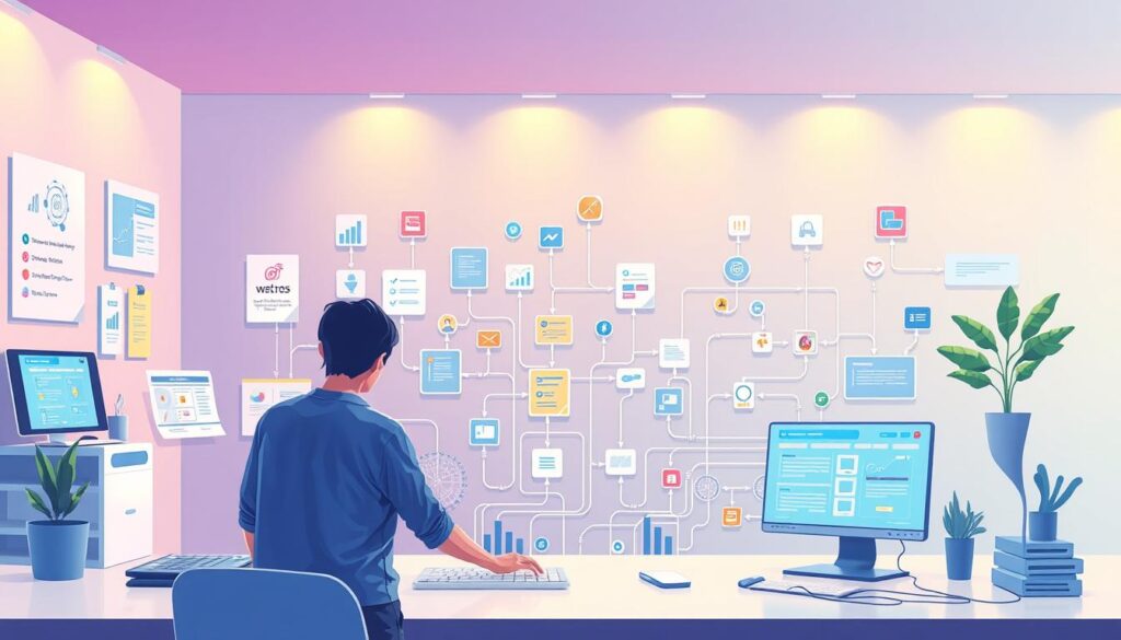 A vibrant, detailed illustration of the data collection process, showcasing a clean, organized workspace with various data sources and tools. In the foreground, a person carefully curates and refines the data, using intuitive visual interfaces and smart algorithms to enhance data quality. The middle ground features a complex network of data flows, interconnected through sleek pipelines and intelligent automation. In the background, a serene, minimalist setting with subtle ambient lighting, creating a sense of focus and efficiency. The overall mood is one of a seamless, optimized data collection workflow, empowering users to harness the power of their data without the need for coding.