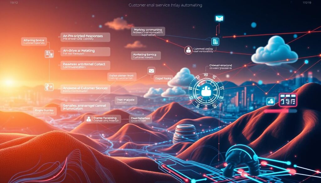 A vibrant digital landscape depicting the automation of customer service and marketing interactions. In the foreground, a sleek interface showcases pre-scripted responses, AI-driven chatbots, and seamless omnichannel communication. The middle ground features algorithms analyzing customer data, optimizing workflows, and generating personalized content. In the background, a network of interconnected systems and cloud-based infrastructure supports the seamless integration of these automated processes. Warm lighting and a futuristic color palette convey the efficiency and sophistication of this automated ecosystem, while subtle visual cues highlight the distinction between customer service automation and marketing automation.