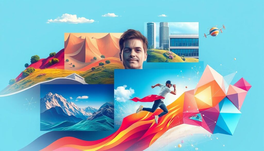 A vibrant, photorealistic digital illustration depicting various types of images that can be designed, including a detailed landscape, a modern architectural scene, a crisp portrait, a dynamic action shot, and an abstract geometric composition. The composition should be visually striking, with a clear sense of depth, lighting, and attention to detail. The overall mood should be one of creativity, inspiration, and the endless possibilities of visual design. The image should convey a sense of enthusiasm and excitement about the subject matter.