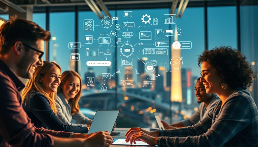 A vibrant, well-lit scene depicting the benefits of no-code tools. In the foreground, a team of diverse individuals collaborating on a digital project, their faces alight with satisfaction as they effortlessly manipulate visual interfaces and drag-and-drop components. In the middle ground, intricate diagrams and flowcharts hover, illustrating the rapid prototyping and deployment capabilities of these tools. The background features a bustling cityscape, symbolizing the agility and scalability enabled by no-code development. Warm, natural lighting accentuates the sense of productivity and innovation. The overall atmosphere conveys the power of no-code tools to empower users, streamline workflows, and drive digital transformation.