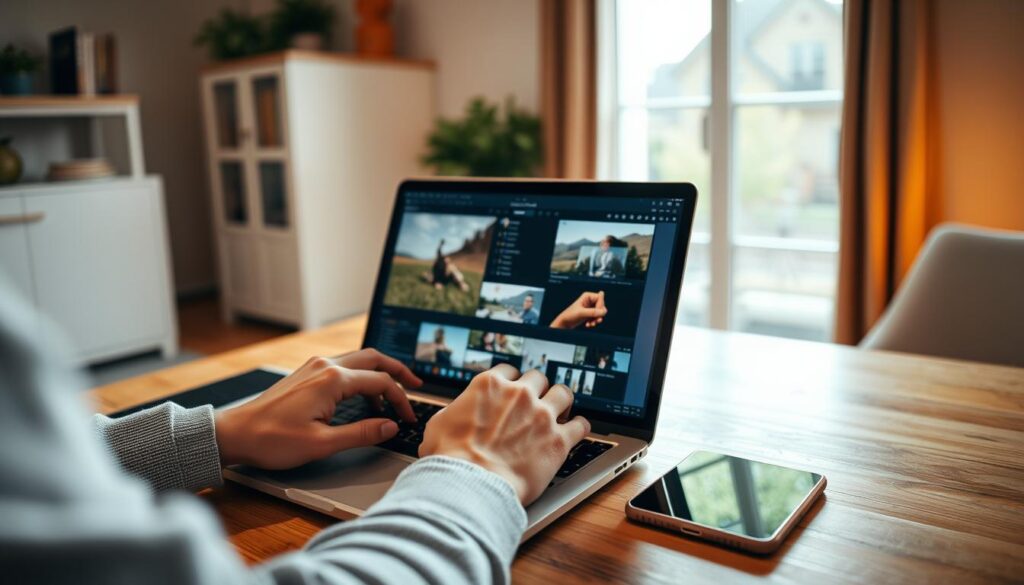 A well-composed professional photograph of a person editing and reviewing digital content on a laptop, with a tablet and smartphone nearby. The scene is set in a cozy, well-lit home office environment with warm, natural lighting from a large window. The subject's hands are focused on the laptop screen, suggesting the careful curation and refinement of visual media. The overall atmosphere is one of thoughtful, diligent content creation and review.