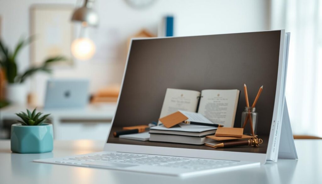 A well-designed, visually engaging article section showcasing the importance of visual elements. In the foreground, a sleek, minimalist layout with clean typography and a prominent, high-quality image. The image itself depicts a thoughtfully curated still life, capturing the essence of the written content - perhaps a carefully arranged collection of stationery, books, and other objects that evoke a sense of professionalism and attention to detail. The middle ground features subtle, muted colors and soft, diffused lighting, creating a refined, elegant atmosphere. In the background, a blurred, out-of-focus backdrop suggests an office or creative workspace, reinforcing the article's theme. The overall composition conveys a sense of balance, harmony, and the importance of visual storytelling in professional writing.
