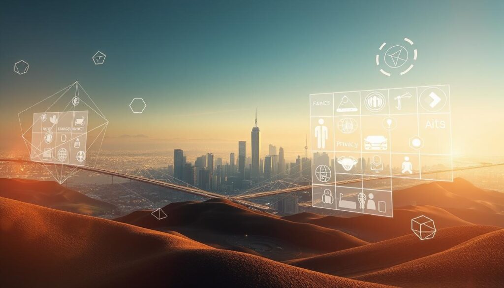 An ethereal landscape depicting the applications of AI ethics, with a futuristic cityscape in the background, bathed in a soft, warm glow. In the foreground, abstract geometric shapes and symbols representing the principles of AI ethics - fairness, transparency, privacy, and accountability - hover and intertwine, casting intricate shadows. The middle ground features holographic projections of various real-world scenarios where AI ethics are being implemented, such as healthcare, transportation, and education. The overall mood is contemplative and thought-provoking, inviting the viewer to explore the nuances of this emerging field. An ethereal landscape depicting the applications of AI ethics, with a futuristic cityscape in the background, bathed in a soft, warm glow. In the foreground, abstract geometric shapes and symbols representing the principles of AI ethics - fairness, transparency, privacy, and accountability - hover and intertwine, casting intricate shadows. The middle ground features holographic projections of various real-world scenarios where AI ethics are being implemented, such as healthcare, transportation, and education. The overall mood is contemplative and thought-provoking, inviting the viewer to explore the nuances of this emerging field.