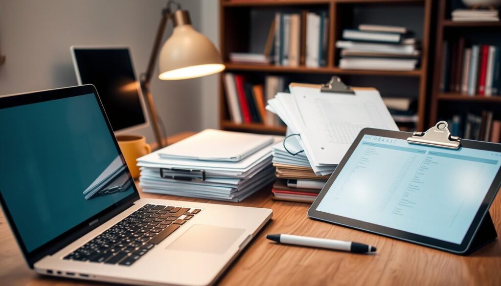 An organized workspace with various data collection tools neatly arranged. In the foreground, a sleek laptop with a minimalist user interface, ready to capture and consolidate information. Nearby, a digital tablet and stylus for seamless data entry. In the middle ground, a stack of clipboards, notepads, and pens, signifying the versatility of analog data gathering methods. In the background, a bookshelf filled with reference materials and a cozy desk lamp, creating a warm, focused atmosphere for efficient data collection. The lighting is soft and diffused, casting a gentle glow over the scene. This arrangement conveys the harmonious integration of digital and traditional data gathering techniques, optimized for a streamlined, code-free data collection process.