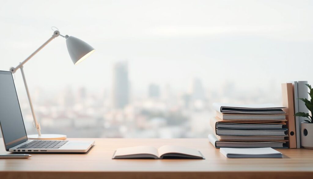 Organized content layout, clean and structured design. A minimalist workspace with a laptop, organized folders, and a stylish desk lamp casting a warm glow. Subtle pastel color tones create a calm, productive atmosphere. The background features a soft, blurred cityscape, hinting at the broader context. Crisp, high-resolution rendering with a focus on clean lines, attention to detail, and a sense of balance and professionalism. The overall scene conveys the importance of well-structured, visually appealing content presentation.