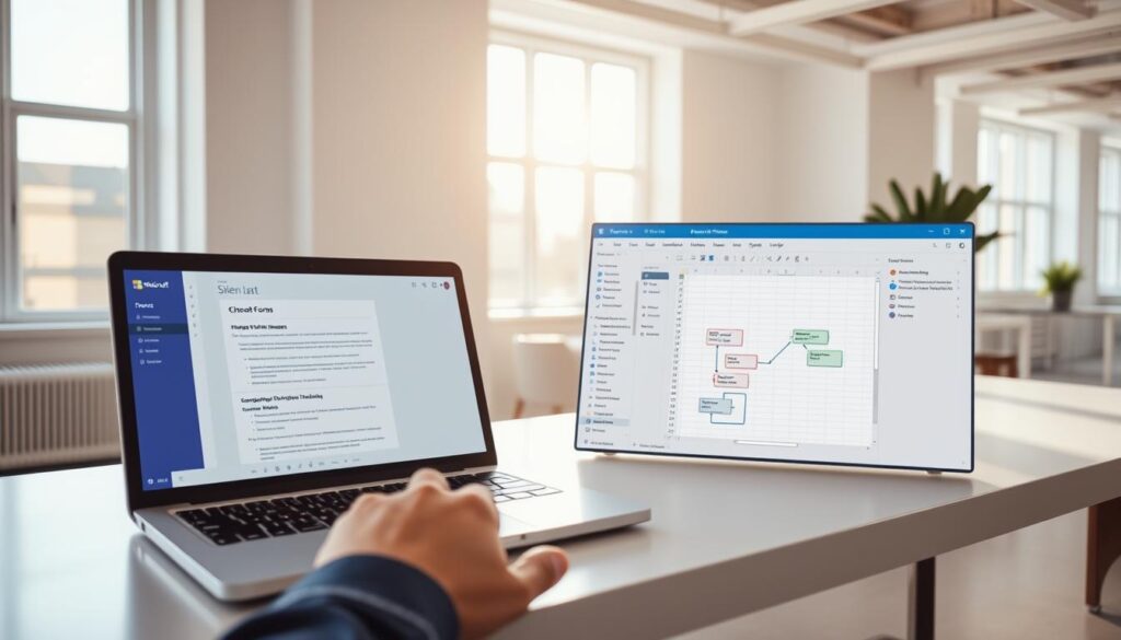 A bright and airy office setting, with natural light streaming in through large windows. On a sleek desk, a laptop displays the Microsoft Forms interface, its clean and intuitive design inviting user interaction. Next to it, the Power Automate app is open, its flow diagrams and automation tools visible, hinting at the powerful integration capabilities. The foreground features a person's hands, deftly navigating between the two applications, seamlessly connecting data and streamlining workflows. The background showcases a minimalist, modern decor, creating a professional and productive atmosphere. The scene conveys the efficiency and ease of automating processes without the need for complex coding, perfectly capturing the essence of the "Form-to-Spreadsheet Automation: Step-by-Step Without Coding" article.