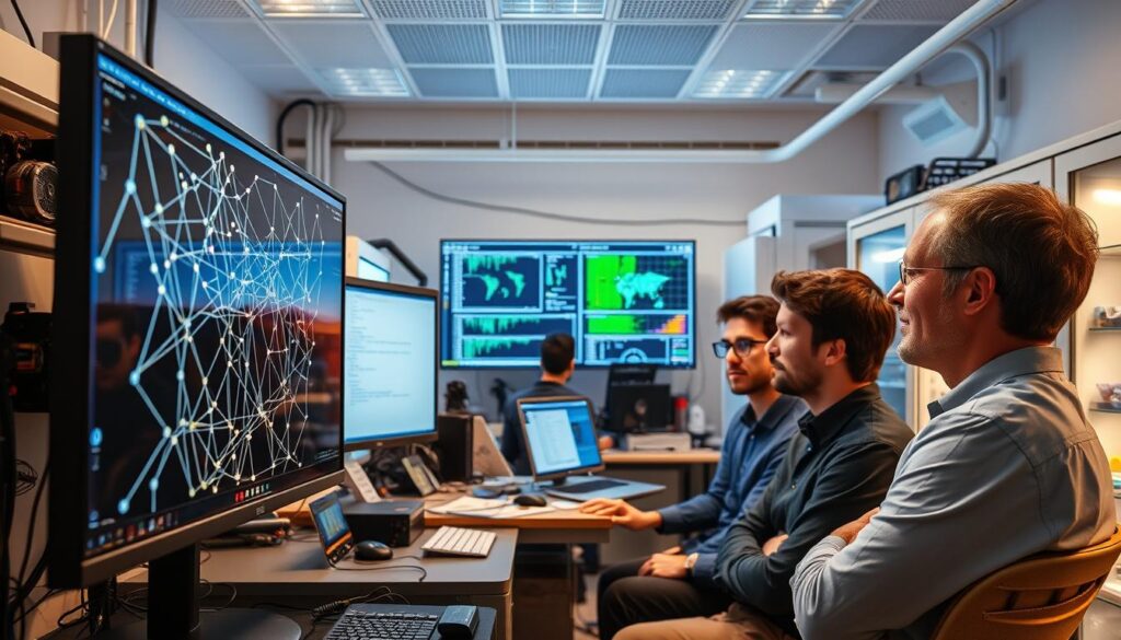 A bright, well-lit laboratory setting. In the foreground, a computer screen displays a complex neural network diagram, with nodes and connections dynamically updating as the training process unfolds. In the middle ground, a group of researchers intently monitor the training progress, discussing the impact of batch normalization on the network's stability and convergence. The background features state-of-the-art equipment, from powerful GPUs to high-resolution data visualizations, all working in harmony to accelerate the training of this cutting-edge model. The atmosphere is one of focused collaboration, with the researchers' expressions conveying a sense of excitement and discovery as they unlock the potential of this powerful deep learning technique.