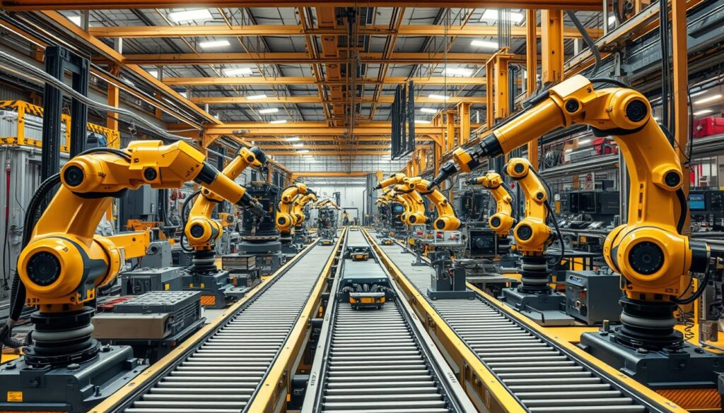 A bustling factory floor, bathed in warm industrial lighting. Towering robotic arms gracefully assemble intricate machinery, their movements choreographed with precision. Conveyor belts zigzag through the space, carrying components to various stations where specialized tools and autonomous processes optimize every step. In the background, a complex network of sensors and control panels oversees the seamless integration of these advanced automation techniques. The air hums with efficiency, a symphony of technological progress. Captured through the lens of a wide-angle camera, this scene conveys the power and potential of automated systems to revolutionize modern manufacturing.
