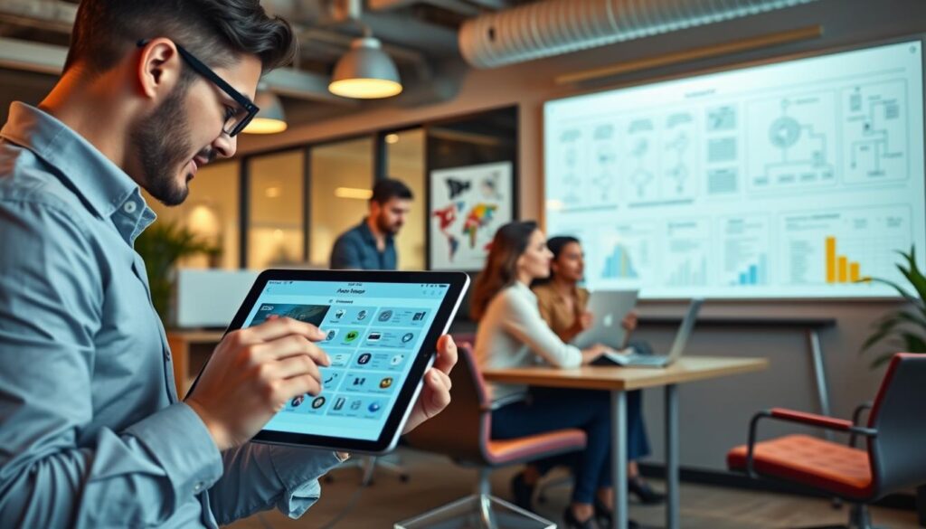 A bustling office scene showcasing various no-code development use cases. In the foreground, a business professional effortlessly crafting a mobile app on a tablet using a sleek, intuitive interface. In the middle ground, a team collaborating on a web-based workflow automation tool, seamlessly integrating data sources and visualizing insights. In the background, a large interactive whiteboard displays diagrams and wireframes, highlighting the versatility of no-code platforms for rapid prototyping and iterative design. The scene is bathed in warm, natural lighting, conveying a sense of productivity, innovation, and ease of use associated with the no-code development approach.