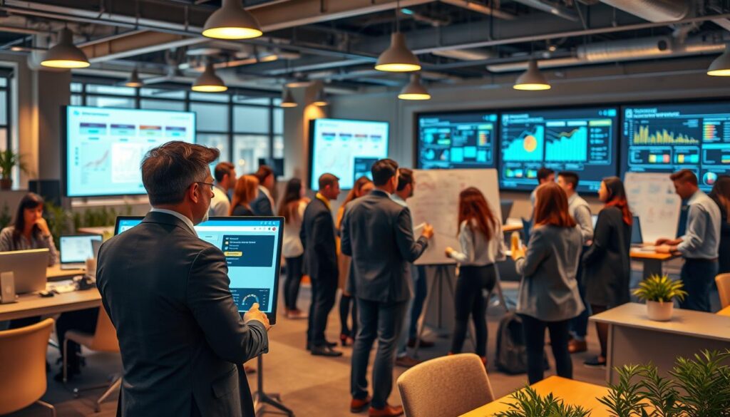 A bustling office setting with a variety of workers using intuitive no-code automation tools. In the foreground, a professional in a suit confidently operates a sleek dashboard, streamlining workflows. In the middle ground, a team collaborates around a digital whiteboard, visualizing and configuring automated processes. In the background, large screens display real-time analytics, showcasing the impact of their no-code solutions. Warm, ambient lighting accentuates the modern, productive atmosphere. The scene conveys the efficiency, flexibility, and accessibility of no-code automation in the real world.