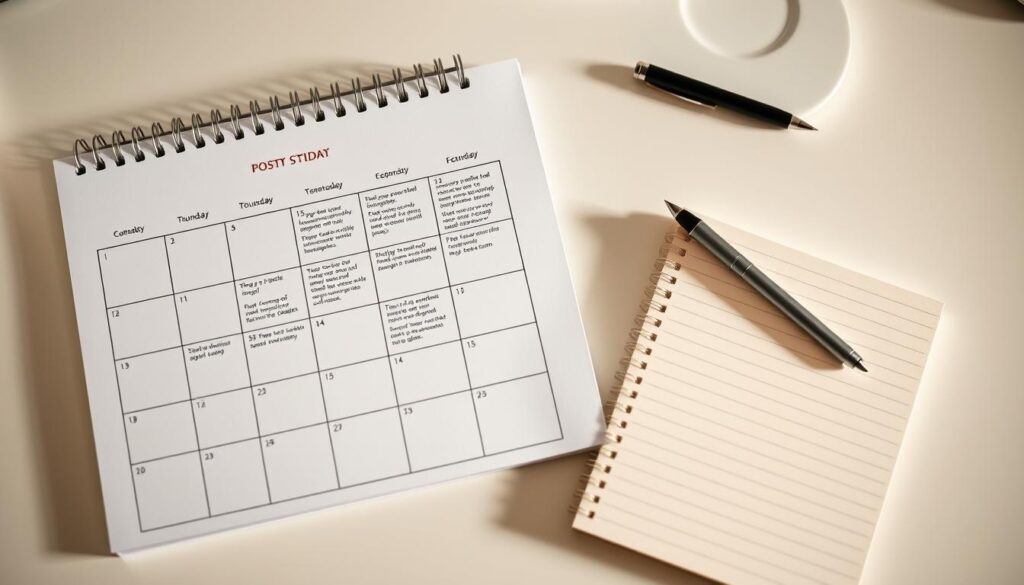 A clean, minimalistic desk setup with a calendar, notebook, and pen. The calendar pages are open, revealing a weekly posting schedule with organized blocks of time for different content types - blog posts, social media updates, email newsletters. The lighting is soft and warm, creating a focused, productive atmosphere. The camera angle is slightly elevated, giving a bird's-eye view of the organized workspace. The overall mood is one of efficiency, planning, and a sense of control over the content creation process.