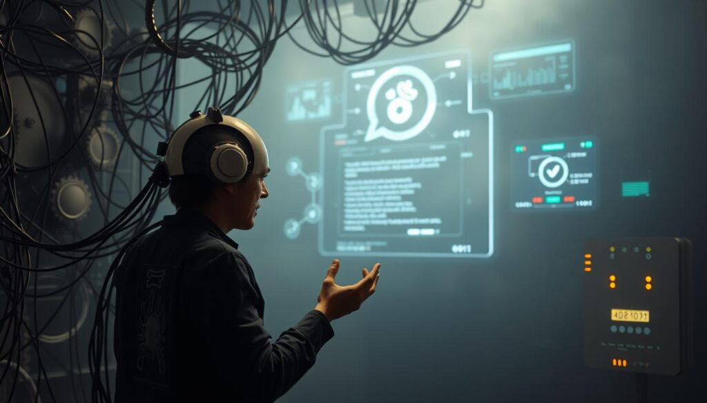 A complex network of wires, gears, and servos representing the inner workings of a chatbot, struggling to keep up with the demands of natural language processing. In the foreground, a human user appears frustrated, gesturing towards the chatbot's confusing interface. The background is shrouded in a hazy, technical atmosphere, with holographic displays and blinking lights suggesting the challenges of balancing functionality and user-friendliness. Moody lighting casts long shadows, emphasizing the disconnect between the chatbot's capabilities and the user's expectations. The scene conveys the ongoing struggles in achieving truly seamless and intelligent conversational experiences. A complex network of wires, gears, and servos representing the inner workings of a chatbot, struggling to keep up with the demands of natural language processing. In the foreground, a human user appears frustrated, gesturing towards the chatbot's confusing interface. The background is shrouded in a hazy, technical atmosphere, with holographic displays and blinking lights suggesting the challenges of balancing functionality and user-friendliness. Moody lighting casts long shadows, emphasizing the disconnect between the chatbot's capabilities and the user's expectations. The scene conveys the ongoing struggles in achieving truly seamless and intelligent conversational experiences.
