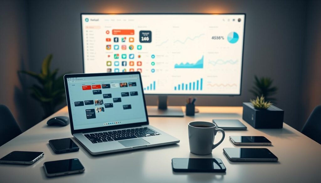 A crisp, bright image of a social media scheduling dashboard, meticulously arranged on a sleek, minimalist desk. In the foreground, a laptop displays a calendar interface with scheduled posts, surrounded by an array of smartphones, tablets, and a strategically placed coffee mug. The middle ground showcases an array of social media app icons, each crisply rendered against a softly blurred background. In the distance, a large monitor displays analytics and performance metrics, bathed in a warm, focused lighting that creates a sense of productivity and purpose. The overall atmosphere is one of efficiency, organization, and a deep understanding of social media best practices.