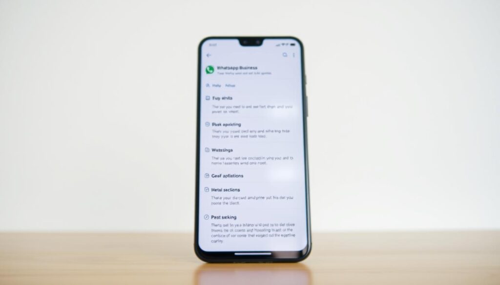 A crisp, clean, and meticulously detailed image of the WhatsApp Business app setup screen, presented against a soft, neutral background. The foreground showcases the app interface with clear, legible icons and text, highlighting the various settings and configuration options. The middle ground features a slightly blurred, yet recognizable smartphone device, reflecting the natural lighting and environment. The background subtly fades into a minimalist, office-like ambiance, creating a professional and informative atmosphere. The overall composition conveys a sense of clarity, simplicity, and attention to the key details required for setting up the WhatsApp Business app.