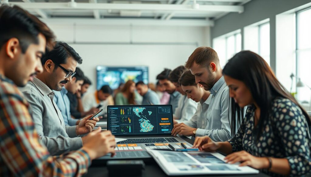 A crowdsourced data labeling scene, captured in a soft, diffused lighting. In the foreground, a diverse group of individuals intently examine datasets, meticulously annotating and tagging visual elements. Their expressions convey a sense of focus and collaboration. In the middle ground, a central platform displays interactive visualization tools, enabling seamless data organization and quality control. The background showcases a modern, minimalist office space, with clean lines and muted colors, creating a calming and productive atmosphere. The overall composition emphasizes the synergy between human expertise and advanced technology, driving the efficient creation of high-quality labeled data to power AI and machine learning models.