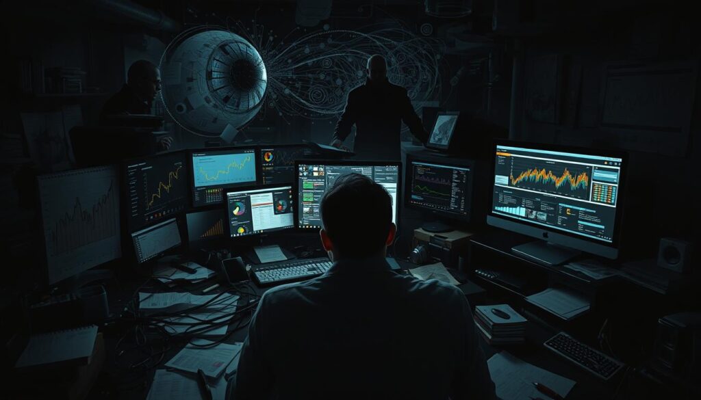 A dark and cluttered data analytics workspace, with a tangle of cables, monitors, and scattered papers. In the foreground, a frustrated data analyst gazes at a complex spreadsheet, surrounded by a swirling vortex of charts, graphs, and statistical models. The middle ground features an array of data visualization tools, each displaying conflicting insights. In the background, a looming sense of uncertainty and information overload, with shadowy figures representing the challenges of data governance, security, and integration. Dramatic chiaroscuro lighting, a moody atmosphere, and a sense of the analyst's struggle to make sense of the data. A dark and cluttered data analytics workspace, with a tangle of cables, monitors, and scattered papers. In the foreground, a frustrated data analyst gazes at a complex spreadsheet, surrounded by a swirling vortex of charts, graphs, and statistical models. The middle ground features an array of data visualization tools, each displaying conflicting insights. In the background, a looming sense of uncertainty and information overload, with shadowy figures representing the challenges of data governance, security, and integration. Dramatic chiaroscuro lighting, a moody atmosphere, and a sense of the analyst's struggle to make sense of the data.