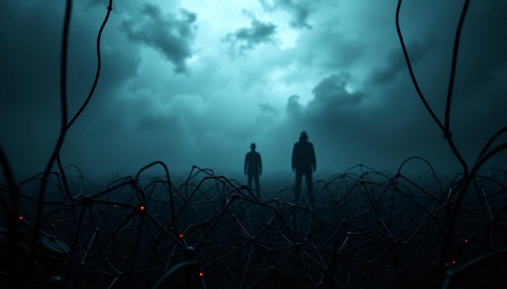 A dark, foreboding scene depicting the threats to AI systems. In the foreground, a network of ominous-looking nodes and cables, representing the complex web of interconnected components that make up an AI system. In the middle ground, shadowy figures lurking, symbolizing the malicious actors seeking to exploit vulnerabilities. The background is shrouded in an eerie, ominous atmosphere, with ominous clouds and a sense of impending danger. The lighting is moody and dramatic, casting dramatic shadows and highlighting the severity of the threats. The overall composition conveys a sense of unease and the need for robust security measures to protect these critical AI systems.