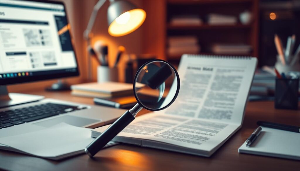A desktop workspace with a laptop, notepad, and office supplies arranged neatly. Warm, focused lighting illuminates the scene, creating a productive and thoughtful atmosphere. In the center, a magnifying glass hovers over a page, symbolizing the process of in-depth keyword research. The background is blurred, allowing the workspace to be the central focus, encouraging the viewer to immerse themselves in the strategic exploration of keywords for programmatic SEO.