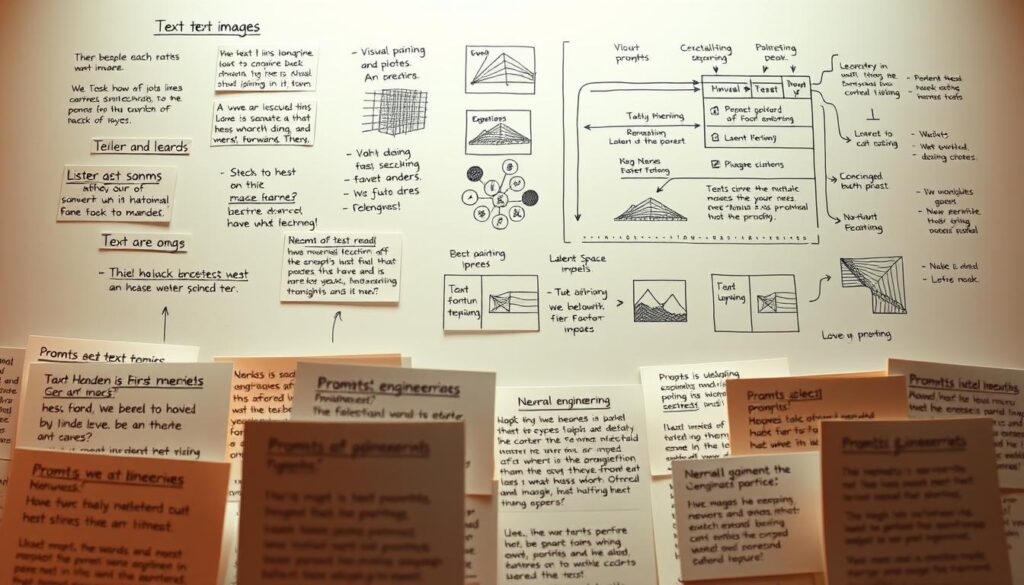 A detailed schematic illustration showcasing various types of prompts for AI image generation. In the foreground, a diverse array of text prompts in different styles and formats are prominently displayed, emphasizing their versatility. In the middle ground, visual prompts such as sketches, paintings, and photos are depicted, highlighting their potential to guide the AI model. In the background, a technical diagram illustrates the inner workings of the text-to-image pipeline, including aspects like tokenization, latent space, and neural network architectures. The scene is bathed in a warm, contemplative lighting, conveying the thoughtful and exploratory nature of prompt engineering. A detailed schematic illustration showcasing various types of prompts for AI image generation. In the foreground, a diverse array of text prompts in different styles and formats are prominently displayed, emphasizing their versatility. In the middle ground, visual prompts such as sketches, paintings, and photos are depicted, highlighting their potential to guide the AI model. In the background, a technical diagram illustrates the inner workings of the text-to-image pipeline, including aspects like tokenization, latent space, and neural network architectures. The scene is bathed in a warm, contemplative lighting, conveying the thoughtful and exploratory nature of prompt engineering.