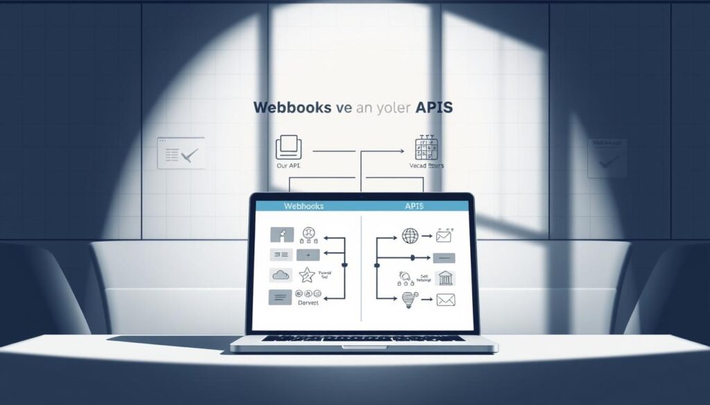 A detailed, technical illustration of the concept of webhooks versus APIs. Set in a modern, minimalist office environment, the image depicts a laptop display in the foreground showcasing the contrasting workflows and data transfer mechanisms of the two technologies. The middle ground features symbolic icons and infographic-style visuals that visually distinguish webhooks and APIs. The background setting is filled with subtle grid patterns, clean lines, and neutral tones to maintain a professional, educational tone. Dramatic side lighting casts shadows that add depth and directionality, while a slightly high camera angle provides an overview perspective. The overall composition should convey a clear understanding of the key differences between these two integration methods.