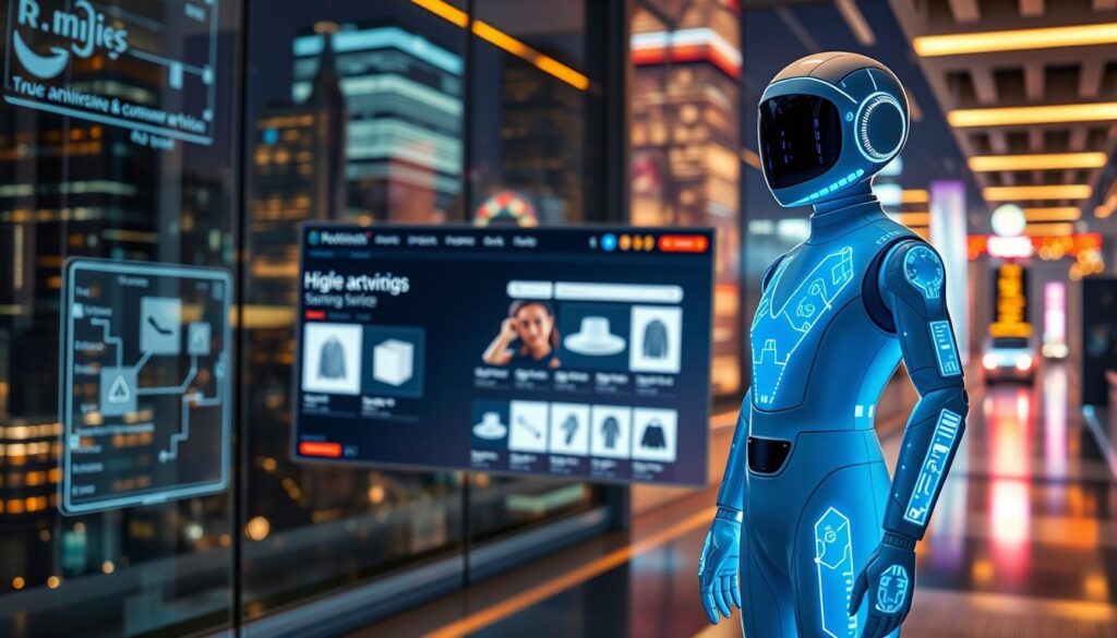 A digital assistant with a glowing, futuristic interface stands in the foreground, surrounded by holographic displays and data streams. In the middle ground, a sleek e-commerce website with a minimalist design showcases various products. The background is a blend of gleaming technology and a vibrant, bustling city skyline, conveying a sense of innovation and efficiency. Soft, warm lighting illuminates the scene, creating a welcoming and professional atmosphere. The overall composition suggests the seamless integration of advanced technology and exceptional customer service, capturing the essence of "Digital Genius: Enhancing E-commerce Support."