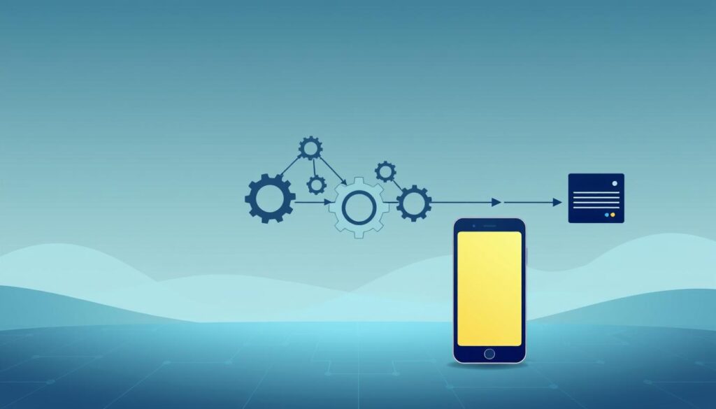 A digital schematic illustration of a webhook workflow process. In the foreground, a smartphone or mobile device representing the client, with an arrow pointing to a cloud-like shape representing the web server. In the middle ground, a series of interconnected gears and cogs, symbolizing the automated workflow and data exchange. In the background, a minimalist technology-inspired landscape, with subtle gradients and geometric patterns creating a sleek, modern aesthetic. The lighting is soft and diffused, with a slightly muted color palette to convey a sense of efficiency and professionalism. The overall composition should effectively visualize the concept of a webhook-driven process without the need for additional text or annotations.