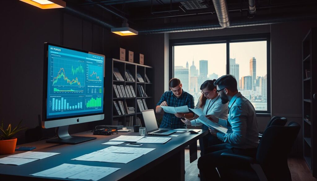 A dimly lit office interior, with a desk in the foreground and a large screen displaying data visualizations. In the middle ground, a team of data analysts meticulously examining printouts and spreadsheets, discussing quality control measures. The background features shelves of reference materials and a window overlooking a bustling city skyline. Warm task lighting casts a focused glow, creating a sense of intense scrutiny and diligence. The scene conveys the challenges of ensuring accuracy and consistency in the data labeling process, a critical step in developing robust AI and machine learning models.