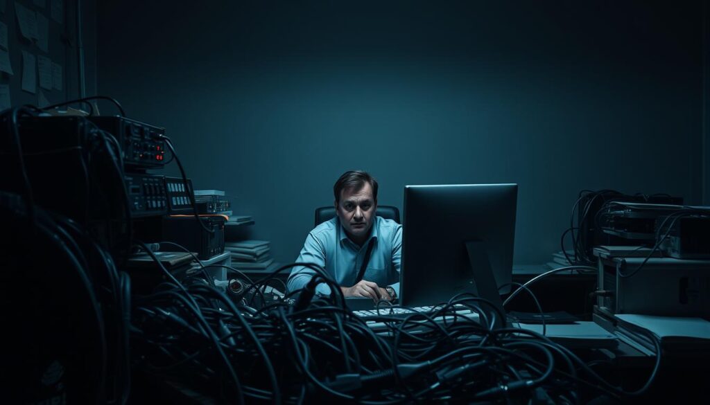 A dimly lit office scene, with a cluttered desk and a frustrated employee sitting in front of a computer. The foreground features a tangle of wires, cables, and outdated equipment, symbolizing the challenges of integrating new technologies with legacy systems. In the middle ground, the employee's expression conveys a sense of overwhelm, highlighting the difficulty of adapting to changing workflows and processes. The background casts a gloomy, gray hue, evoking the heavy burden of repetitive, time-consuming tasks that impede productivity. The overall atmosphere suggests the need for a more streamlined, efficient approach to automation that addresses the real-world obstacles faced by modern workplaces.