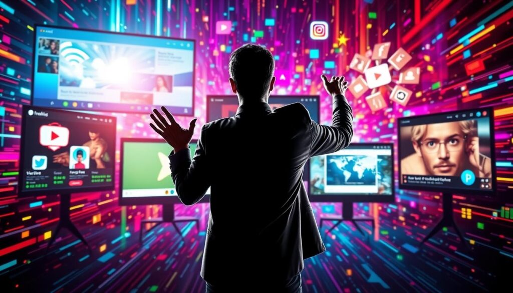 A dynamic and visually captivating image of "promote videos across platforms". The scene depicts a vibrant digital landscape, with multiple social media platforms represented as individual screens or windows. In the foreground, a central figure gestures enthusiastically, directing attention to the various platforms, conveying the idea of cross-platform video promotion. The background is alive with pulsing energy, with colorful data streams, icons, and digital elements swirling around, creating a sense of technological dynamism. The lighting is crisp and directional, casting dramatic shadows and highlights to enhance the sense of depth and dimension. The overall composition is balanced and visually engaging, drawing the viewer's eye to the core message of promoting videos across a diverse array of digital platforms. A dynamic and visually captivating image of "promote videos across platforms". The scene depicts a vibrant digital landscape, with multiple social media platforms represented as individual screens or windows. In the foreground, a central figure gestures enthusiastically, directing attention to the various platforms, conveying the idea of cross-platform video promotion. The background is alive with pulsing energy, with colorful data streams, icons, and digital elements swirling around, creating a sense of technological dynamism. The lighting is crisp and directional, casting dramatic shadows and highlights to enhance the sense of depth and dimension. The overall composition is balanced and visually engaging, drawing the viewer's eye to the core message of promoting videos across a diverse array of digital platforms.
