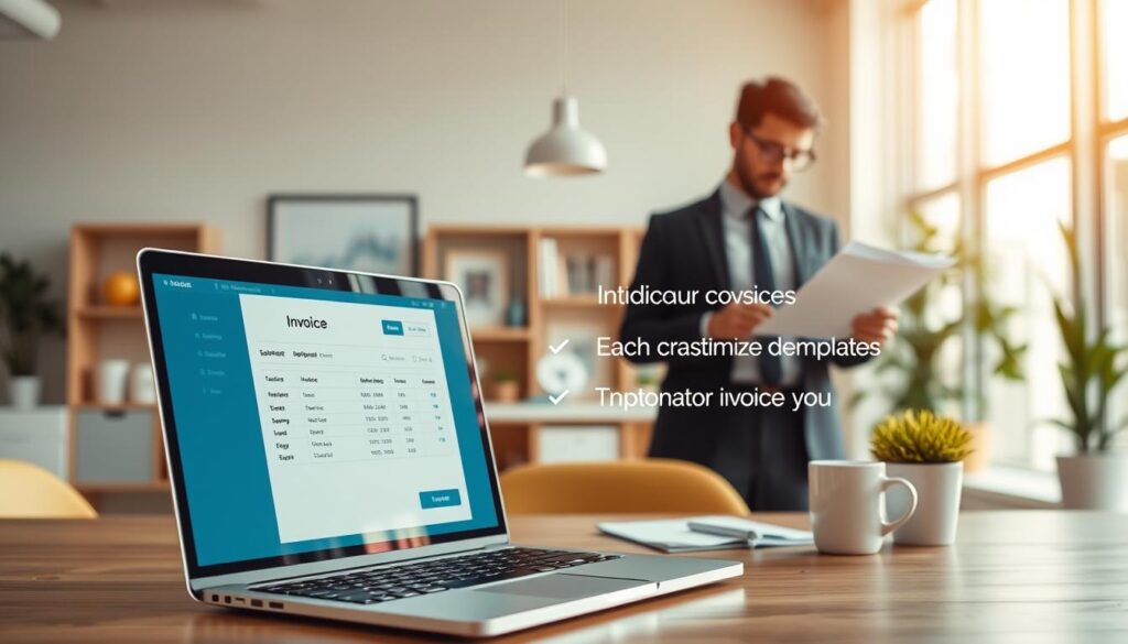 A dynamic, well-lit office scene showcasing the key benefits of automated invoicing. In the foreground, a laptop displays a clean, intuitive invoice interface with seamless data import and customizable templates. In the middle ground, a businessperson reviews the invoice, appreciating the streamlined workflow and time savings. The background features a bright, airy workspace with minimalist decor, conveying a sense of modern efficiency and productivity. Warm, natural lighting bathes the scene, creating a welcoming, professional atmosphere. The overall composition highlights the simplicity, convenience, and organizational advantages of automated invoicing solutions. A dynamic, well-lit office scene showcasing the key benefits of automated invoicing. In the foreground, a laptop displays a clean, intuitive invoice interface with seamless data import and customizable templates. In the middle ground, a businessperson reviews the invoice, appreciating the streamlined workflow and time savings. The background features a bright, airy workspace with minimalist decor, conveying a sense of modern efficiency and productivity. Warm, natural lighting bathes the scene, creating a welcoming, professional atmosphere. The overall composition highlights the simplicity, convenience, and organizational advantages of automated invoicing solutions.