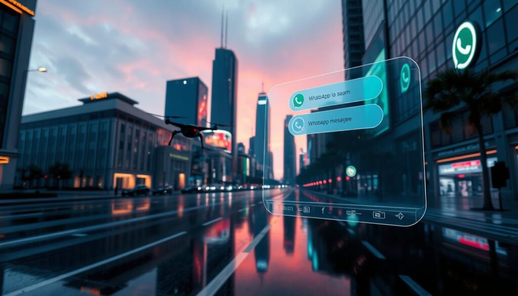 A futuristic cityscape at dusk, with holographic messaging interfaces hovering in the air. Sleek, minimalist buildings with glowing accents reflect in a rain-soaked street, creating a moody, neon-tinged atmosphere. In the foreground, a transparent interface displays a WhatsApp-style conversation, with fluid, gesture-controlled inputs. The middle ground features drone-like devices relaying data streams, while the background showcases towering skyscrapers adorned with dynamic, billboard-like displays. Vibrant, saturated colors, dramatic lighting, and a sense of technological progress convey the vision of seamless, AI-powered WhatsApp automation in the years to come.