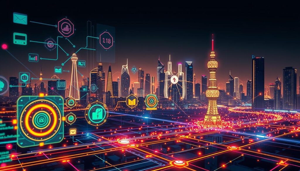 A futuristic digital landscape of interconnected workflows, with vibrant holographic interfaces and sleek automation tools. In the foreground, glowing icons and data visualizations represent various automated processes, seamlessly integrated. In the middle ground, a network of lines and arrows symbolize the flow of information, connecting different components. The background depicts a cityscape of towering skyscrapers and glowing, high-tech architecture, bathed in a warm, futuristic light. The overall scene conveys a sense of efficiency, innovation, and the power of streamlined, technology-driven processes.