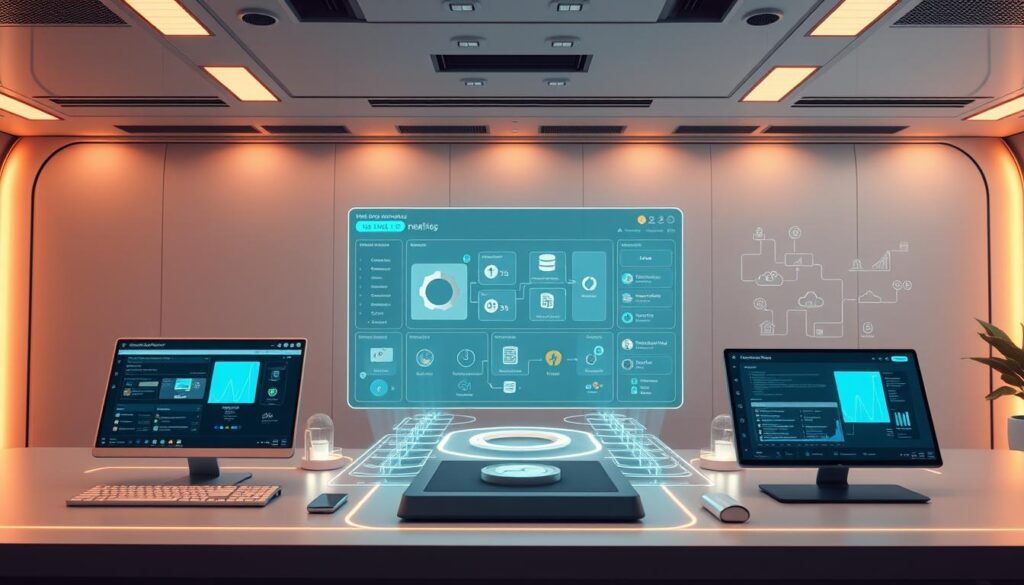 A futuristic digital workspace with a central dashboard displaying an array of sleek no-code automation tools. In the foreground, intuitive drag-and-drop interfaces and visual workflow builders come to life with a crisp, high-resolution clarity. The middle ground features seamless integrations between various productivity apps, databases, and cloud services, all interconnected through a smooth, responsive interface. The background showcases a minimalist, tech-inspired environment with clean lines, holographic projections, and a subtle glow that emanates a sense of efficient, streamlined automation. Warm, diffused lighting casts a soft, inviting ambiance, highlighting the seamless user experience of these powerful no-code solutions.