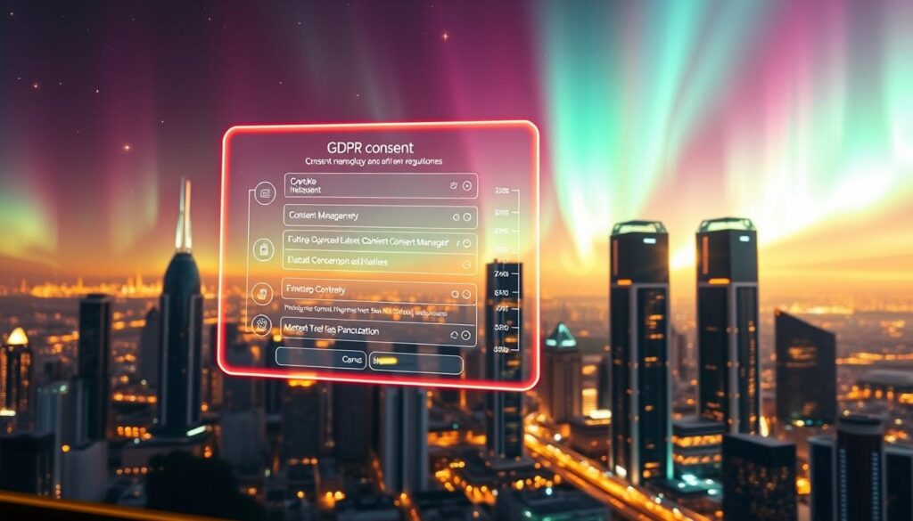 A futuristic scene depicting the evolution of GDPR cookie consent tools. In the foreground, a holographic display showcases the latest consent management technology, with sleek interfaces and advanced privacy controls. The middle ground features a cityscape of gleaming skyscrapers, symbolizing the global impact of data regulations. In the background, a vibrant aurora borealis illuminates the sky, hinting at the innovative and ever-changing nature of the digital landscape. The scene is bathed in a warm, futuristic glow, conveying a sense of progress and technological sophistication. Cinematic lighting and a shallow depth of field create a sense of depth and drama.
