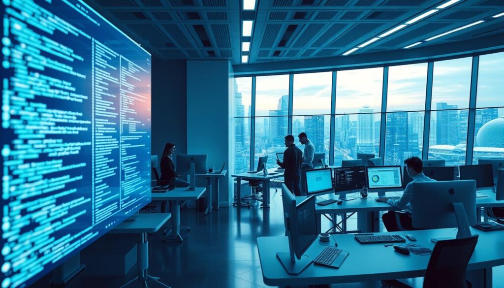 A futuristic software development workspace showcasing API integration and support. In the foreground, a holographic display projects complex code structures and data flows. Sleek, minimalist workstations are arranged in a dynamic, collaborative layout, bathed in a cool, blue-tinted lighting. In the middle ground, developers and engineers intently analyze dashboards and interface mockups, highlighting the seamless integration between various software components. The background features a panoramic window overlooking a vibrant, high-tech cityscape, underscoring the cutting-edge nature of the API ecosystem. The overall atmosphere conveys a sense of technical mastery, efficiency, and the power of interconnected systems.