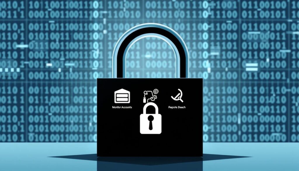 A high-contrast digital illustration depicting the steps to take after a data breach. In the foreground, a lock icon symbolizing a compromised system. In the middle ground, a set of icons representing the key actions: monitor accounts, change passwords, report the breach, and seek professional assistance. In the background, a grid of binary code and glitching digital patterns, conveying the chaotic and technical nature of a data privacy violation. The overall mood is one of concern and urgency, with a cool, almost clinical color palette to reflect the technical subject matter. A high-contrast digital illustration depicting the steps to take after a data breach. In the foreground, a lock icon symbolizing a compromised system. In the middle ground, a set of icons representing the key actions: monitor accounts, change passwords, report the breach, and seek professional assistance. In the background, a grid of binary code and glitching digital patterns, conveying the chaotic and technical nature of a data privacy violation. The overall mood is one of concern and urgency, with a cool, almost clinical color palette to reflect the technical subject matter.