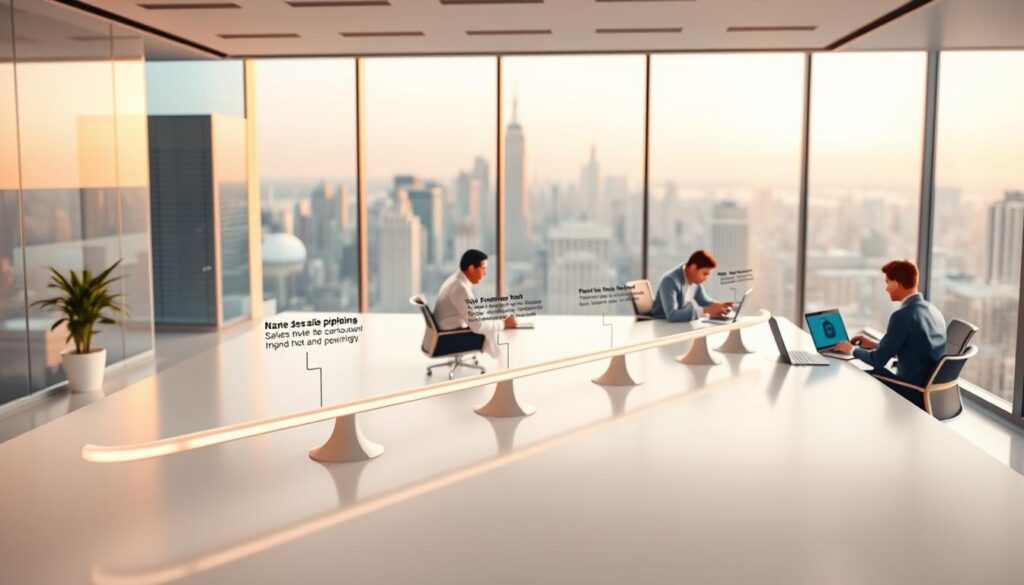A high-quality, realistic 3D rendering of a sales pipeline, set against a clean, modern office environment. The pipeline is displayed prominently in the foreground, with a sleek, minimalist design that showcases different stages of the sales process. The middle ground features a team of sales professionals collaborating at a large conference table, using laptops and digital displays to track and manage the pipeline. The background showcases a panoramic city skyline, bathed in soft, warm lighting that creates a professional, productive atmosphere. The overall composition conveys the efficiency, organization, and collaborative nature of a CRM-powered sales team.
