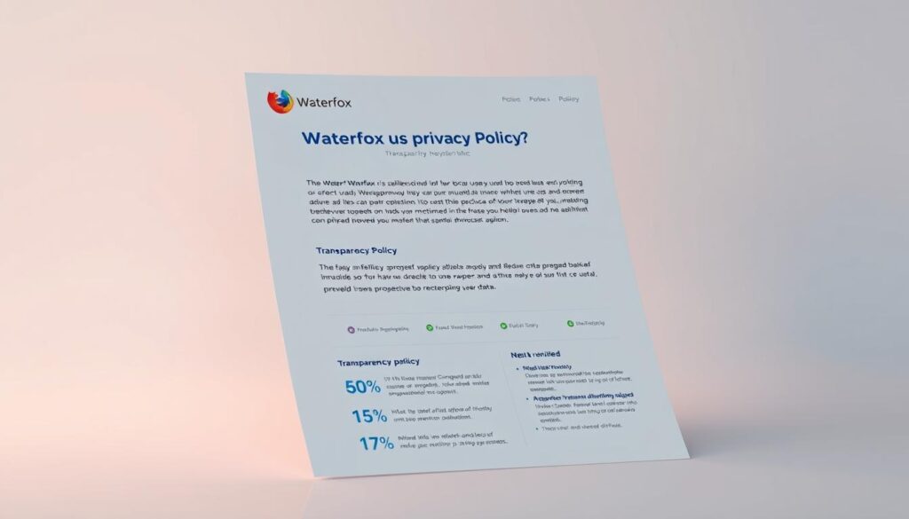 A high-resolution, detailed rendering of a transparency report displaying the Waterfox browser's privacy policy. The report is set against a clean, minimalistic backdrop, with a soft, warm lighting illuminating the document's contents. The report showcases Waterfox's commitment to user privacy, highlighting key statistics and metrics that demonstrate the browser's dedication to protecting user data. The overall scene conveys a sense of trust, reliability, and clarity, reflecting the section's focus on Waterfox as a secure and transparent browsing option.